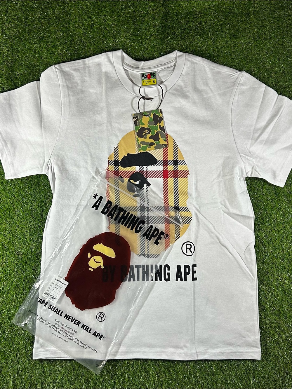 Bape White Plaid Ape Logo Short Sleeve Tee
